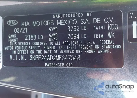 2021 Kia Forte Lxs z USA, uszkodzony, nr VIN 3KPF24AD2ME347548